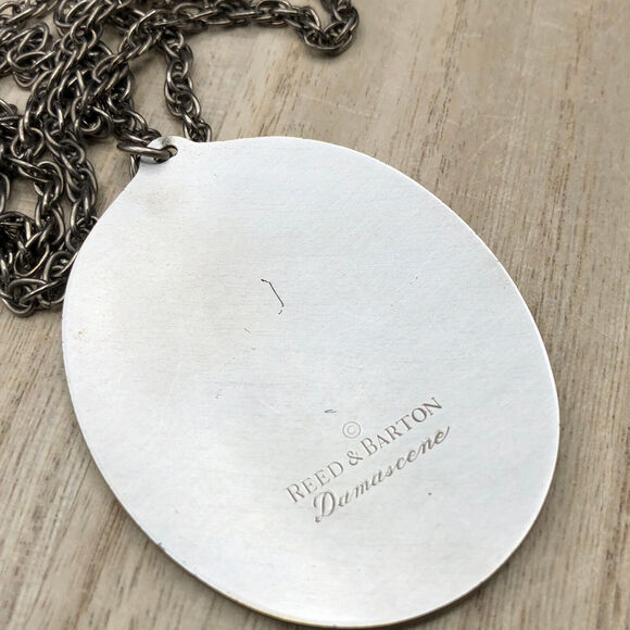 Reed & Barton Necklace 24" Damascene Owl Moon Etched Metal Silver Tone Pendant - Picture 3 of 8